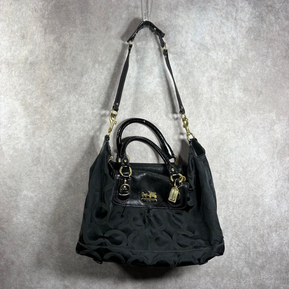 Coach Satchel Large Black Madison Op Art Signature C Jacquard Leather Trim
